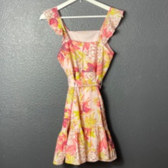 NWT GB Girls Floral Flutter Sleeve Ruffle Tie Waist Hem Dress Pink/Yellow Sz 14 - Picture 1 of 3